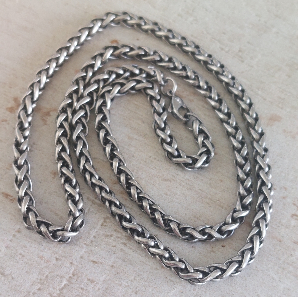 Stainless Steel Spiga Wheat Chain Necklace, 24" Long, Unisex